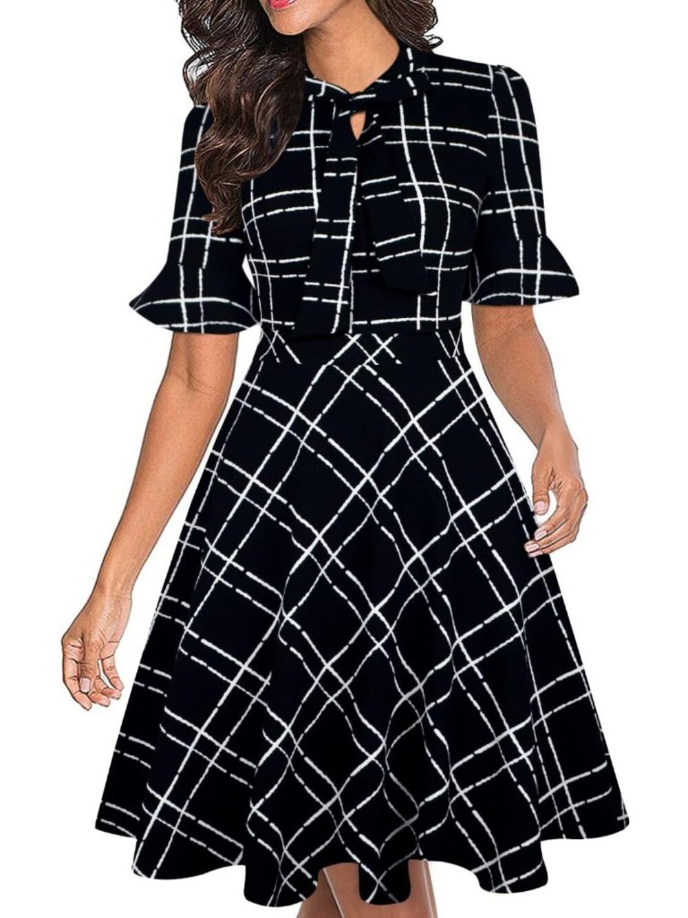 Women's Black Plaid Classic Tie Neck Summer Short Sleeve Knee Length Mid Dresses